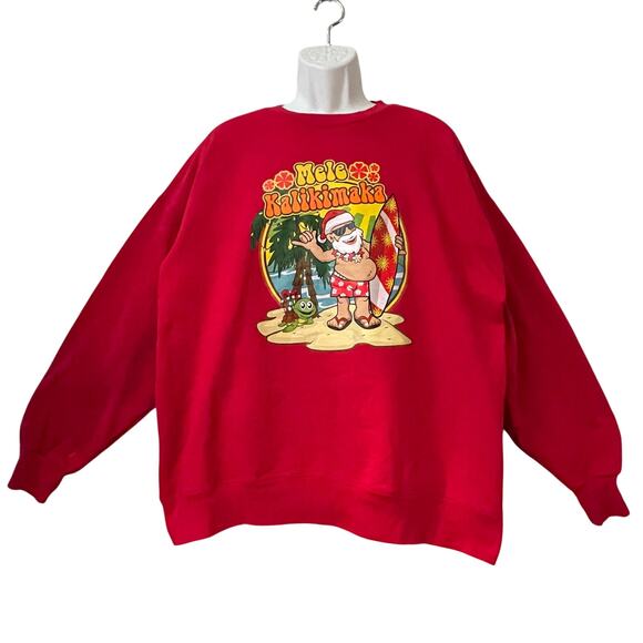 Hanes MELE KALIKIMAKA Hawaiian Surfing Santa Ugly Christmas Sweatshirt Size XL - Picture 1 of 4